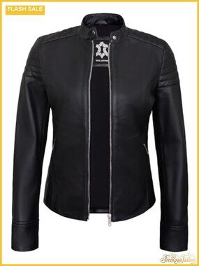 Womens Real Lambskin Leather Jacket Cafe Racer Moto Biker